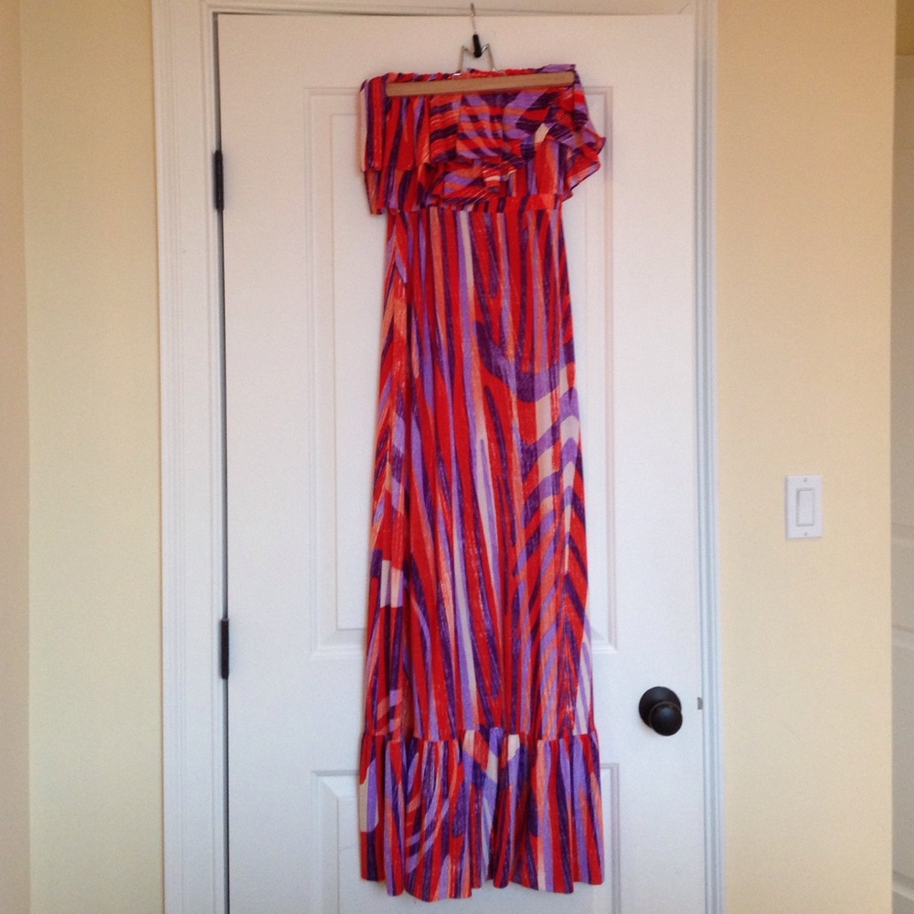 T-Bags Strapless Maxi Dress in Red and Purple Stripe